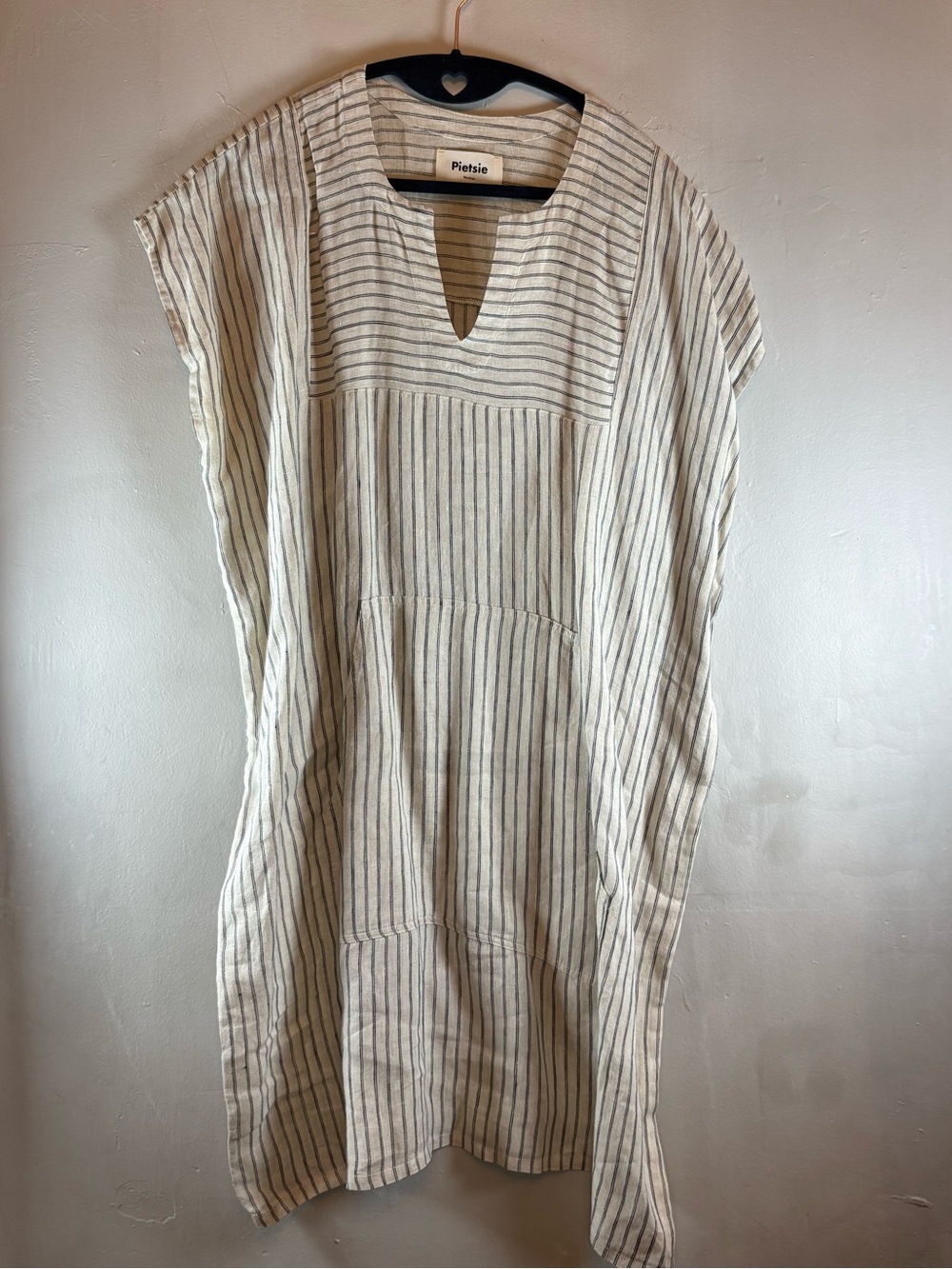 Pietsie Striped Linen Caftan Dress – Cream & Navy Pinstripe, Medium